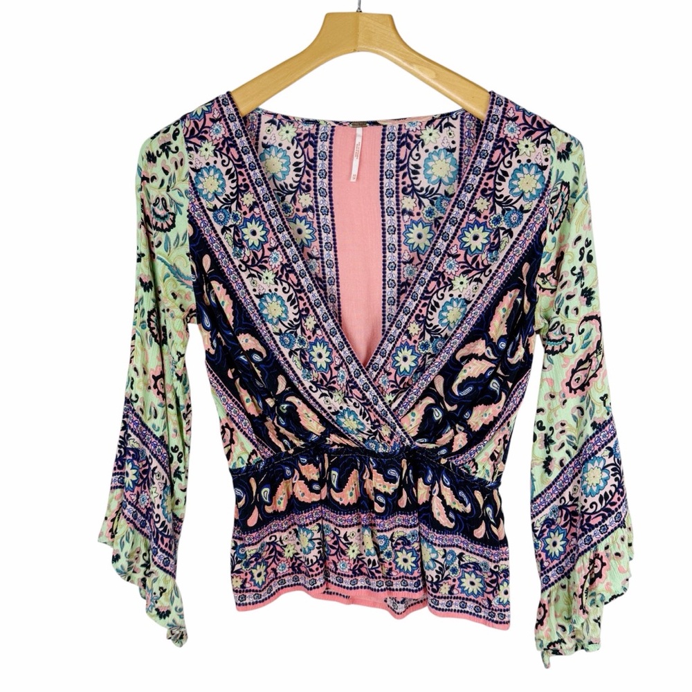 Free People Rosalie Bell Sleeve Faux Wrap Floral Top Size XS
